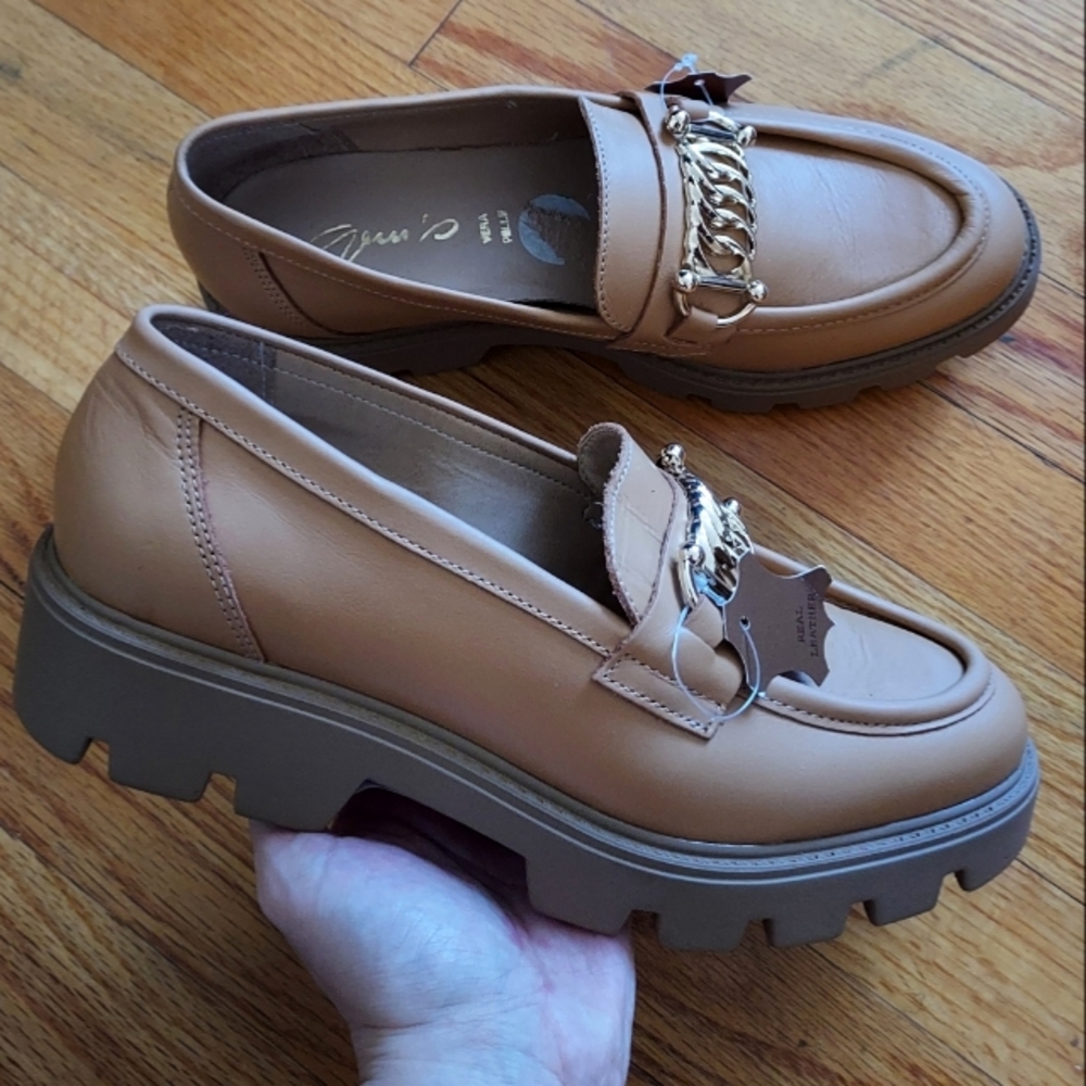 NEW Geniune Leather Tan Camel Brown Nude Platform Loafer with Gold Chain